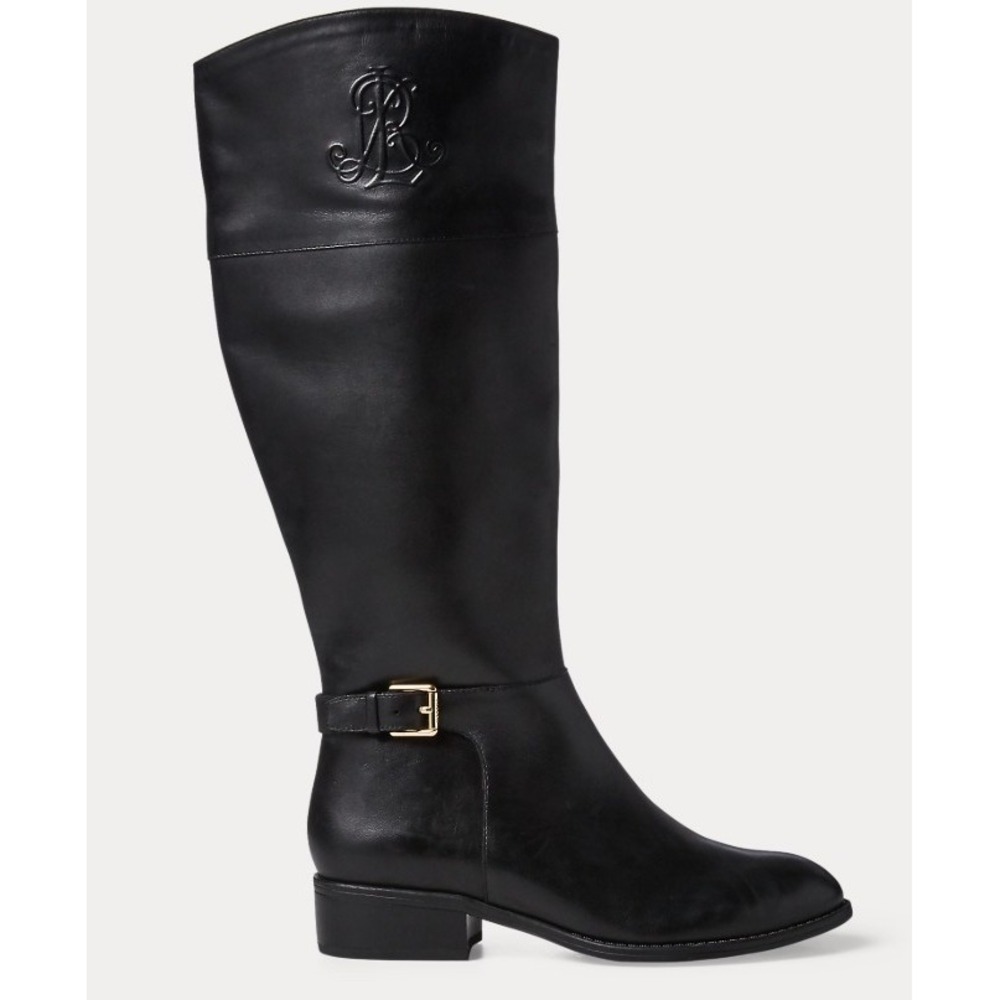 Lauren Ralph Lauren Madisen Black Leather Riding Boots Size 8 Knee High Monogram